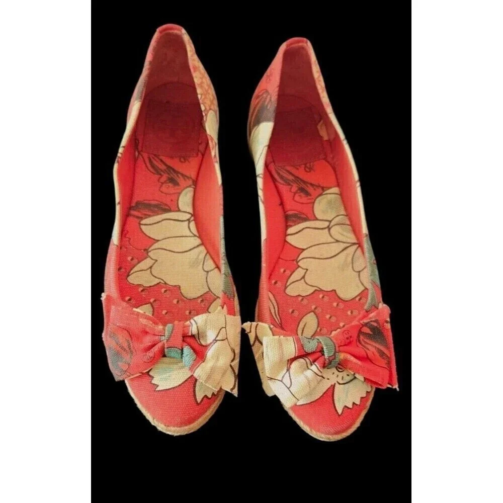 Tory Burch Tasmin Red Floral Print Espadrille Flats Canvas Jute Sole Women's 7B